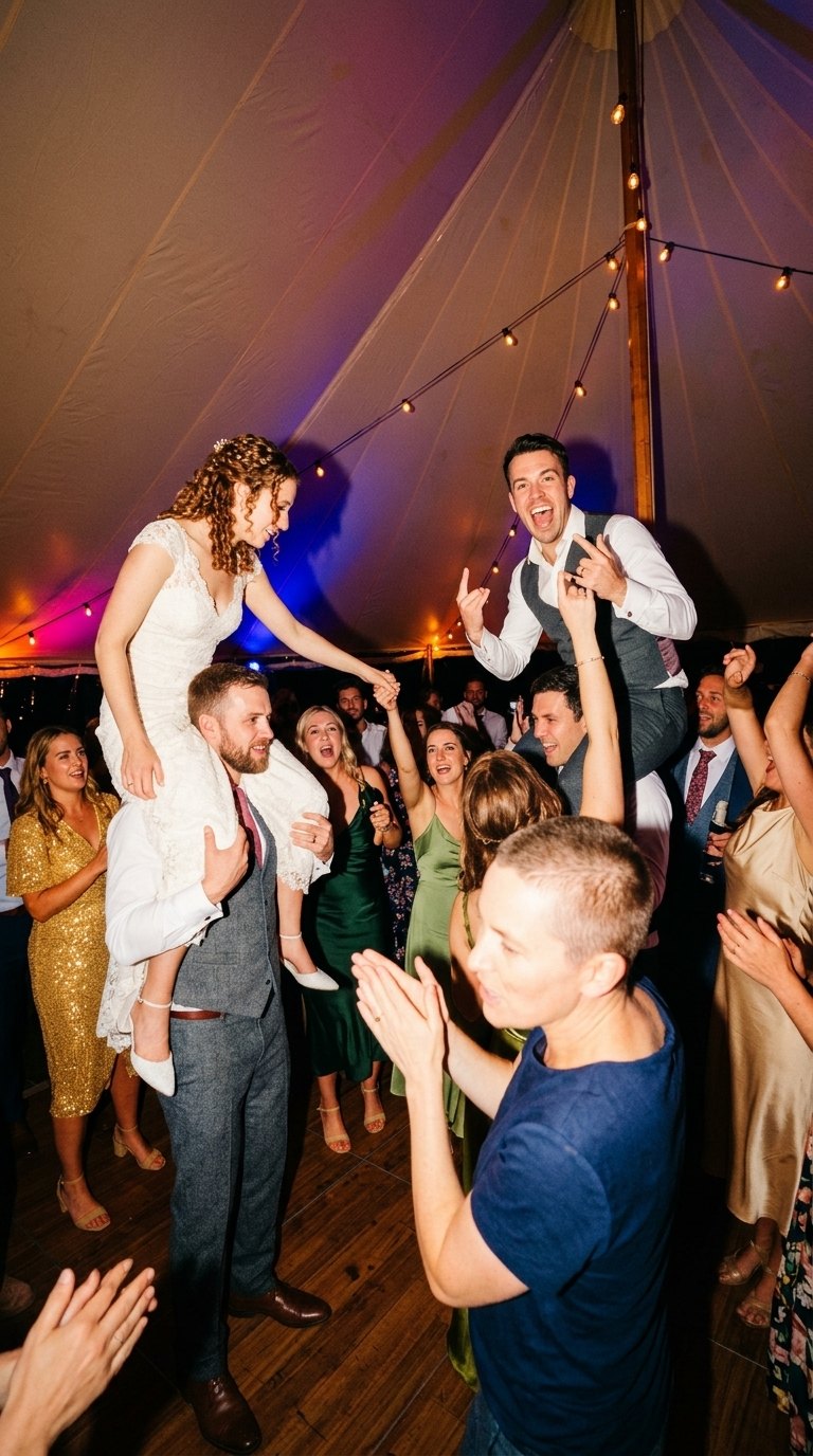 Newlyweds lifted on their friends' shoulders under a lit tent during the reception