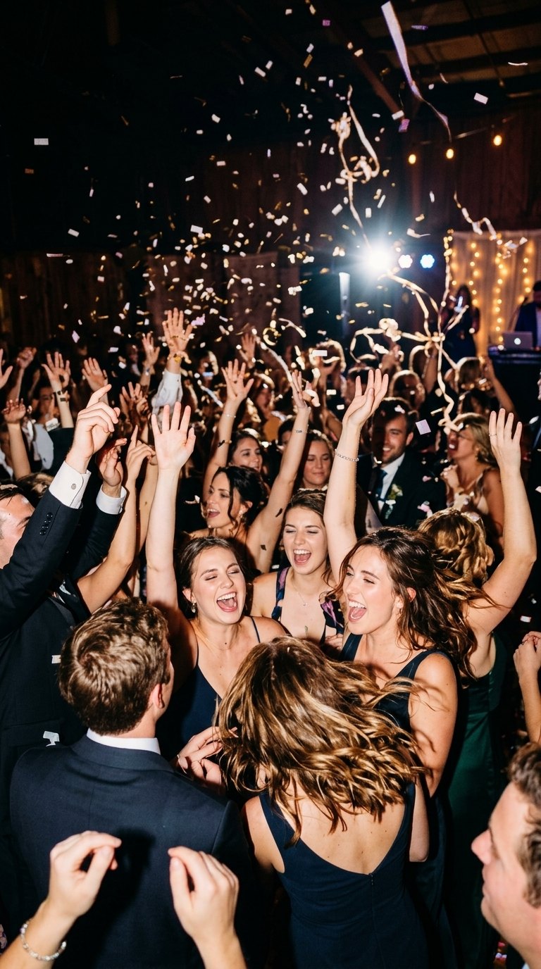 Wedding guests dancing with confetti and streamers falling on a packed dance floor